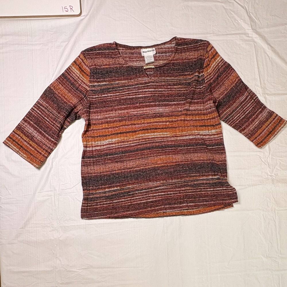 Womens Bonworth blouse. Fall colors. Orange/Red/ multicolor stripes. XS